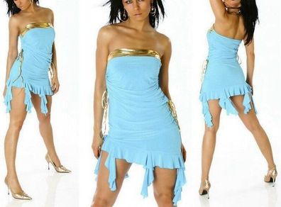 SeXy Damen Latina Salsa Bandeau Mini Kleid Dance Dress 34/36/38 blau gold NEU