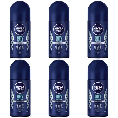 78,13EUR/1l 6 x Nivea 50ml Men Deo Roll On Dry Active Deodorant Antitranspirant
