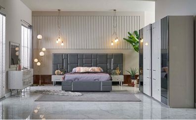 Doppelbett Bettrahmen Schlafzimmer Grau Holz Set 6tlg Kleiderschrank