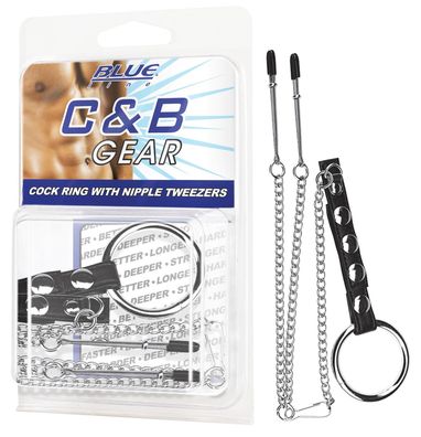 BLUE LINE C&amp; B GEAR Cock Ring With Nipple Tweezers - Farbe: PVC &amp; Metall