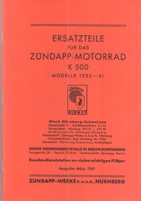 Ersatzteileliste Zündapp Motorrad Kardan 500, K Modelle 1933- 1941, Motorrad