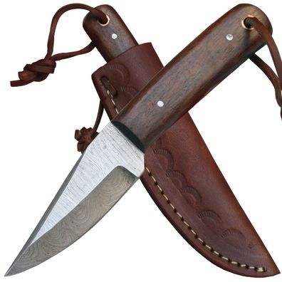 Damastmesser Jagdmesser Outdoormesser Griffschalen aus Wurzellholz Leder-Scheide