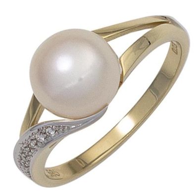 Damen Ring 585 Gelbgold 1 Perle 6 Diamanten