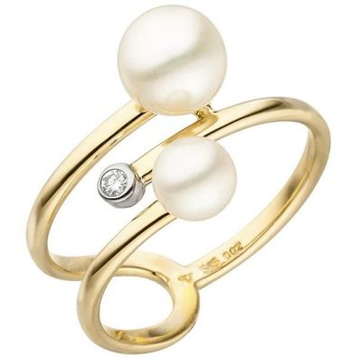 Damen Ring 585 Gelbgold 2 Perlen 1 Diamant Brillant