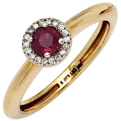 Damen Ring 585 Gelbgold Rubin rot 18 Diamanten