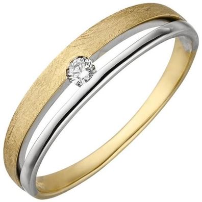 Damen Ring 585 Gelbgold Weißgold bicolor eismatt 1 Diamant Brillant