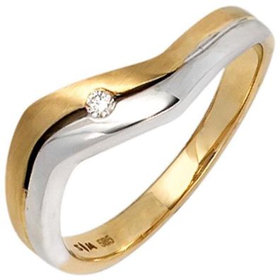 Damen Ring 585 Gelbgold Weißgold bicolor matt 1 Diamant Brillant