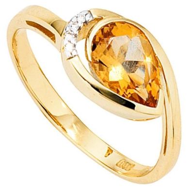 Damen Ring 585 Gold Gelbgold 1 Citrin orange 4 Diamanten
