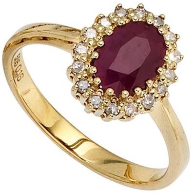 Damen Ring 585 Gold Gelbgold 1 Rubin rot 16 Diamanten 0,16ct.