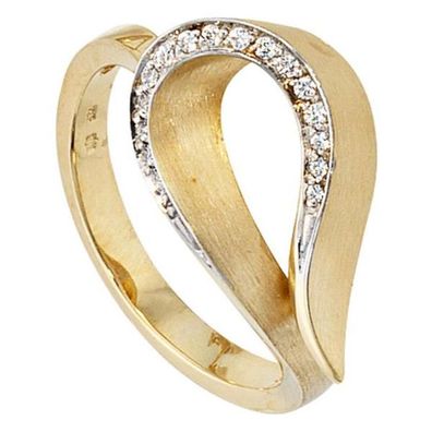 Damen Ring 585 Gold Gelbgold bicolor teilmatt 16 Diamanten