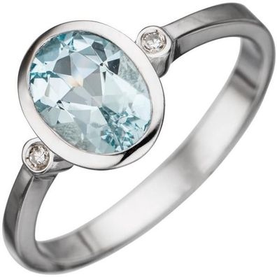 Damen Ring 585 Gold Weißgold 1 Aquamarin hellblau blau 2 Diamanten