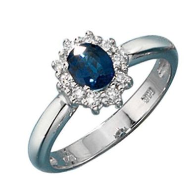 Damen Ring 585 Gold Weißgold 1 Safir blau 10 Diamanten