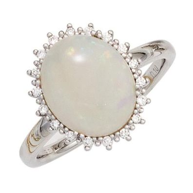 Damen Ring 585 Gold Weißgold Opal-Cabochon 18 Diamanten