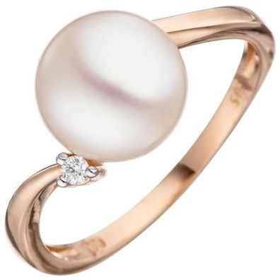 Damen Ring 585 Rotgold 1 Perle 1 Diamant Brillant