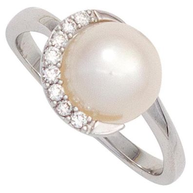 Damen Ring 585 Weißgold 1 Perle 8 Diamanten