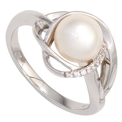 Damen Ring 585 Weißgold 1 Perle 9 Diamanten