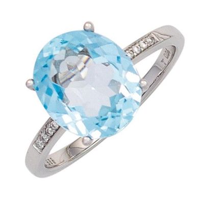 Damen Ring 585 Weißgold 1 Blautopas blau 8 Diamanten