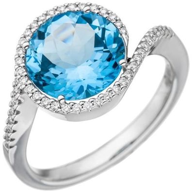 Damen Ring 585 Weißgold 1 Blautopas blau 47 Diamanten