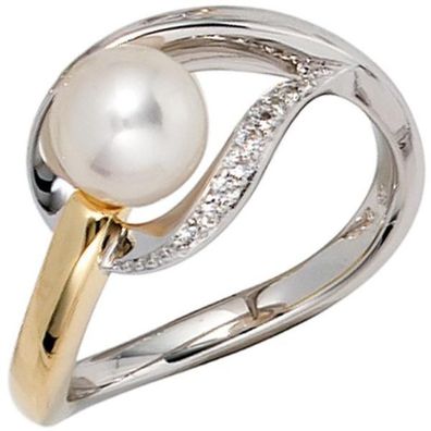 Damen Ring 585 Weißgold Gelbgold bicolor Perle Diamanten