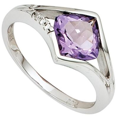 Damen Ring 585 Weißgold 3 Diamanten 1 Amethyst lila violett