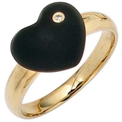 Damen Ring Herz 585 Gold Gelbgold 1 Onyx schwarz 1 Diamant Brillant