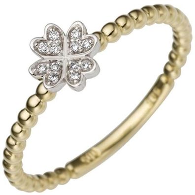 Damen Ring Kleeblatt 585 Gelbgold Weißgold 12 Diamanten