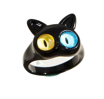 Katze Augen gelb-blau Ring Miniblings Fingerring Tier Kater Haustier schwarz