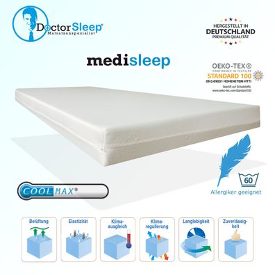 Comfort Rollmatratze Medisleep Bezug Coolmax 90 x 220 x 10cm Härtegrad 2