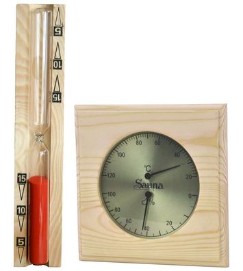 2er Sauna Set Basic Klimamesser | Sanduhr Thermometer Hygrometer Holz Zubehör