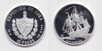10 Pesos Silber Münze Kuba Segelschiff San Carlos 2008 PP (129814)