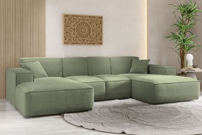 Ecksofa, Eckcouch U form, Wohnzimmer Couch Large 342cm SIENA stoff Poso Olive