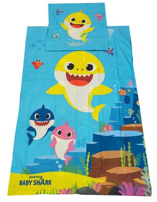 Baby Shark Kinder Wendebettwäsche in blau, Kissenbezug 80 x 80 cm, Bettdecke 135