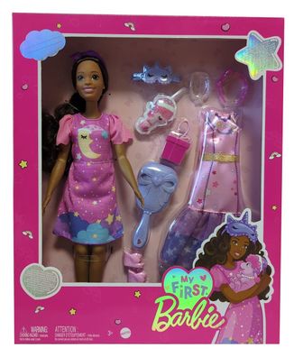 Mattel HMM67 My First Barbie Deluxe Puppe, 34 cm groß mit schwarzen Haaren, bewe