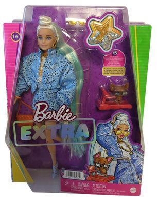 Mattel HHN08 Barbie Extra, Puppe im blaue Paisley-Minirock, blaue Haare, viel Zu