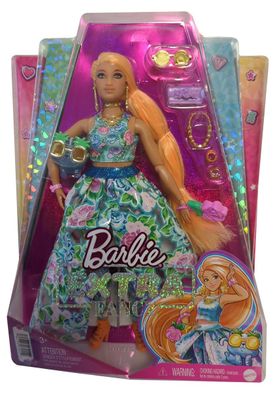 Mattel HHN14 Barbie Extra, Puppe mit bunten Blumenkleid, orange Haare, viel Zube
