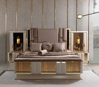 Schlafzimmer Set Bett 2x Nachttische Hocker Luxus neu 3tlg Design Holz