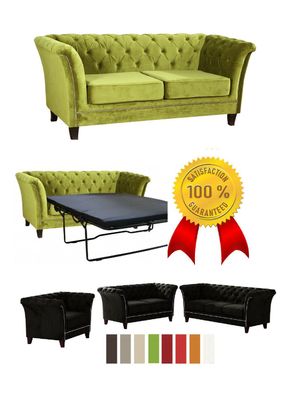Chesterfield Sofa 3 Sitzer Sofa 2er Sessel Garnitur Couch Grün Samtstoff Bett