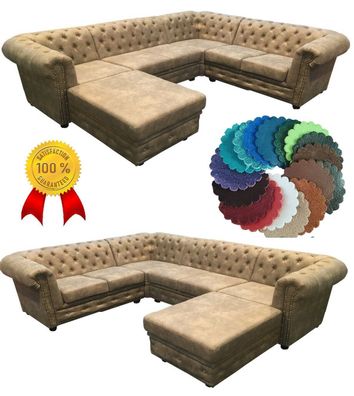 Chesterfield XXL Ecksofa U-Form Hocker Couch Tisch Leder Look Stoff Farben Retro