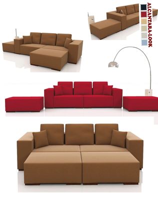 SET: Designer 3-SITZER SOFA + 2 HOCKER Couch Schlafsofa Alcantara LOOK Farben