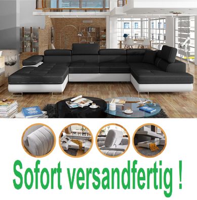 XL 345CM CKSOFA U-FORM Bettfunktion Schlafsofa Kopfstütze KASTEN Schwarz Lagernd
