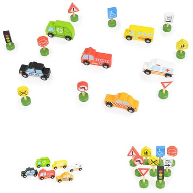 Tooky Toy Spielzeugautos 16-teilig TKF050 Holz-Setzkasten, Transport, Schilder