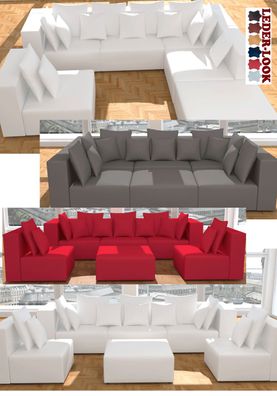 Wohnlandschaft Modular 6tl Sofa Sessel Hocker Garnitur weiß Kunstleder U-Form