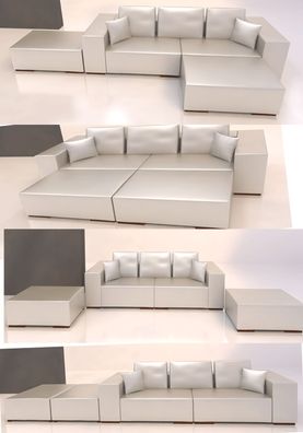 SET: 3 SITZER Sofa + 2 HOCKER Schlafsofa COUCH Ecksofa Couch SILBER Leder Look