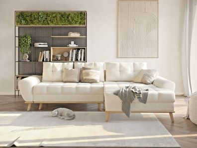 Designer Ecksofa 268x175 L-FORM SAMT CREME BEIGE Bettkasten COUCH Ottomane SOFA