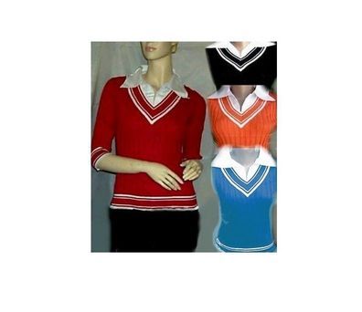 Hemd Pulli V Pullover Bluse Einsatz orange rot blau schwarz weiß 34/36/38 TOP