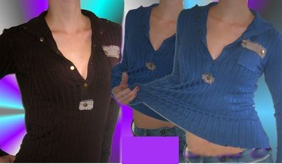 Damen Retro Ripp Girly Shirt Trend Pulli Pullover Patches 34/36/38 BRAUN TOP NEU