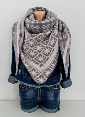 XXL Winter Dreieckstuch flauschig warm Schal Viskose Wolle Mustermix Grau/ Weiß