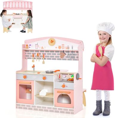 2 in 1 Kinderküche, doppelseitige Spielküche, Holzküche mit Herd, Backofen, Grill