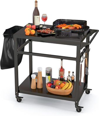 Grillwagen Grilltisch Outdoor, Pizzatisch mit 2 Ablagen & 4 Rollen & Haken