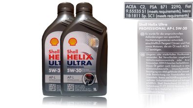Shell Helix Ultra Professional AP-L 5W 30 ACEA C2; PSA B71 2290. Fiat 2x1 Liter